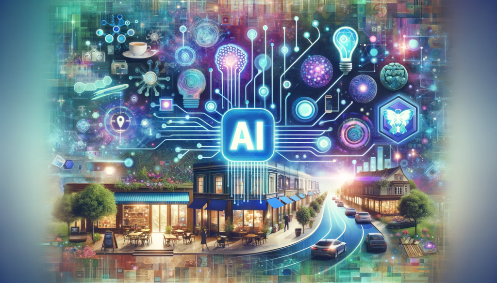 Digital collage showcasing AI's impact on small businesses, with symbols of AI and various small businesses.