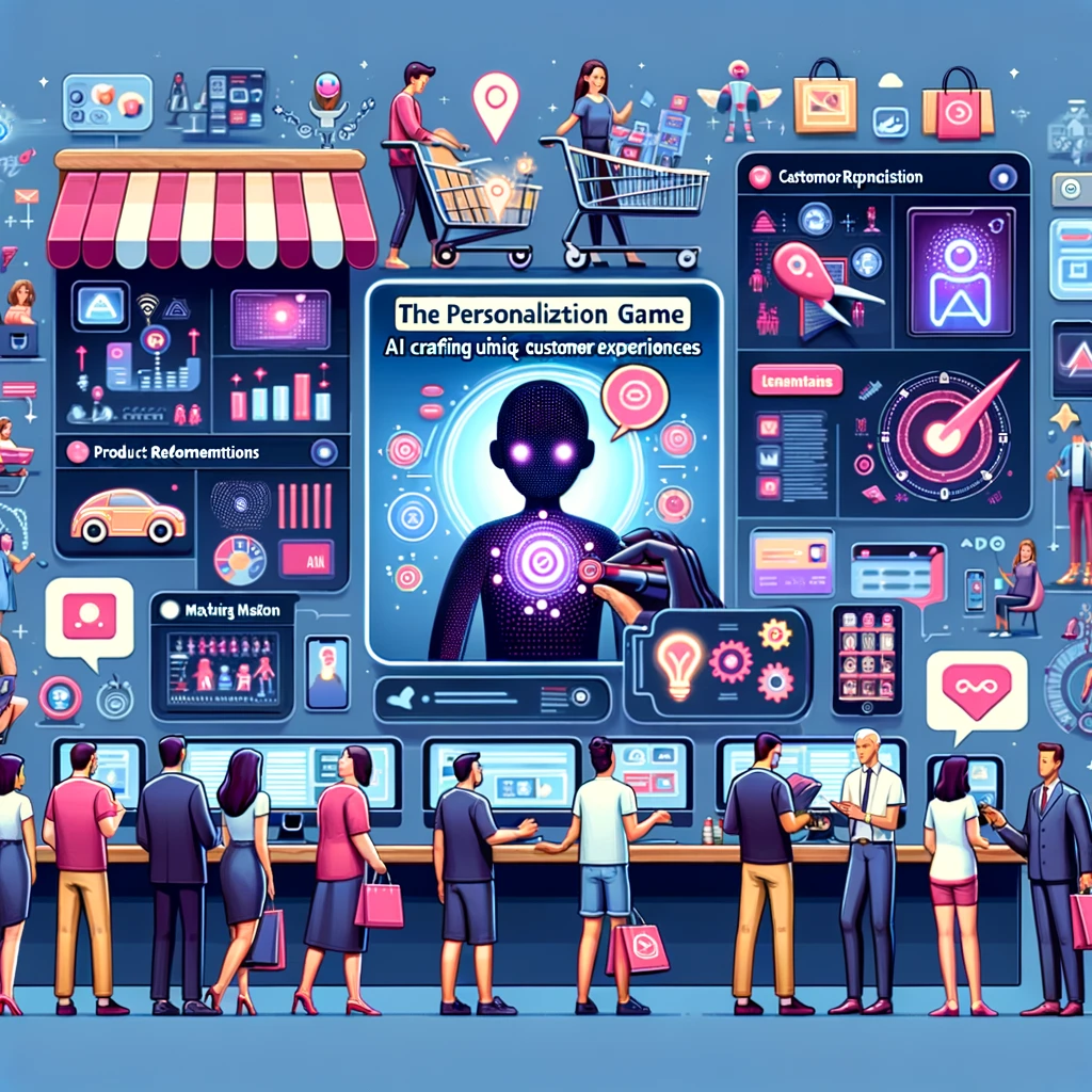 AI system personalizing customer experiences, showing diverse customers interacting with tailored digital displays and product recommendations.