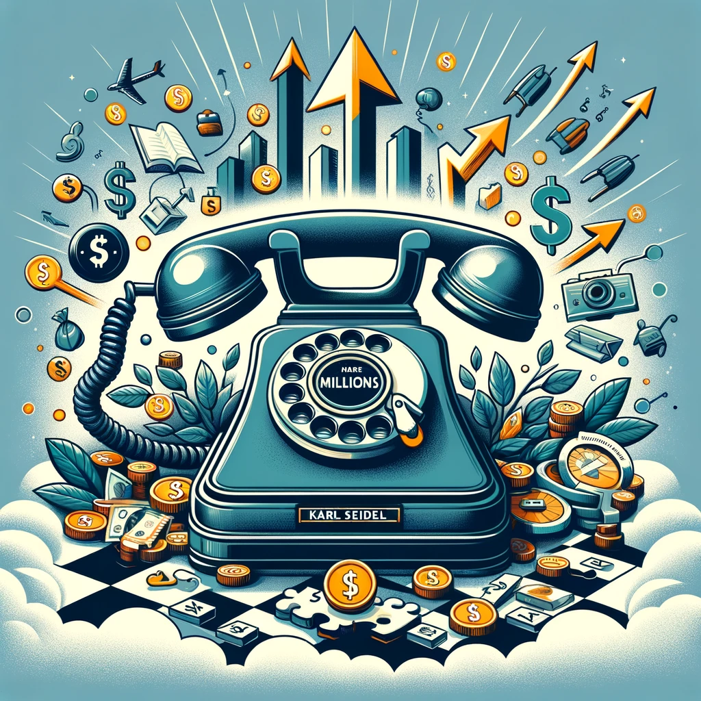 Illustration of a classic telephone surrounded by symbols of growth and strategy for a sales course