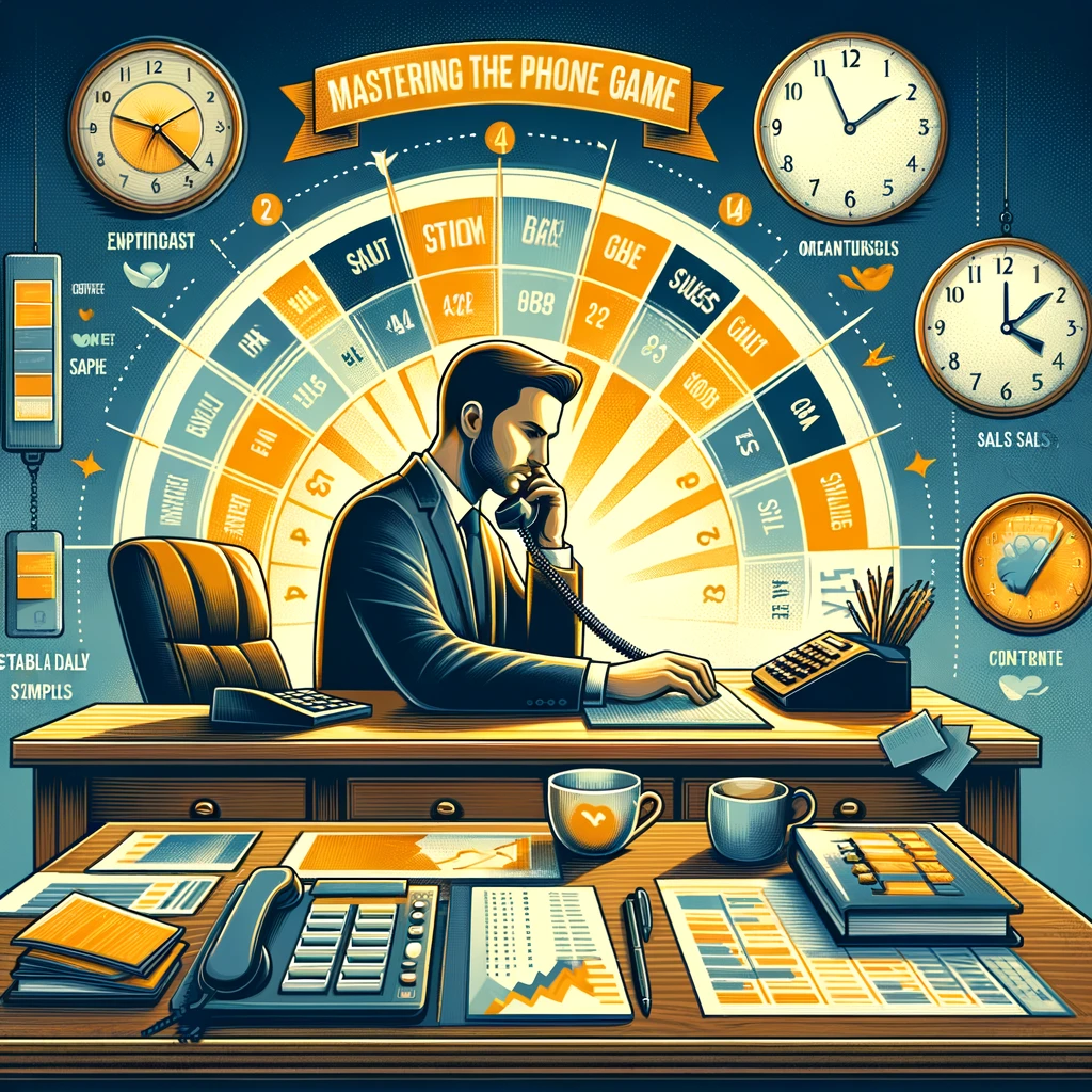 Illustration of a professional at a desk with sales tools, symbolizing daily sales rituals.