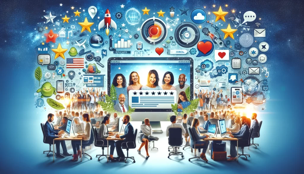 A vibrant digital collage blending customer testimonials and digital marketing strategies. The left side features a cheerful crowd of diverse people and positive icons, representing customer satisfaction and online reviews. The right side depicts a professional team engaged in digital marketing activities, surrounded by symbols of SEO, social media, and online advertising, conveying a strategic approach to business growth.