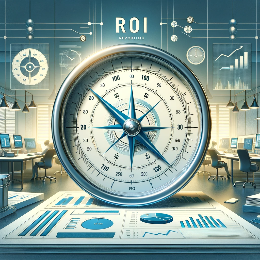 Illustration of ROI reporting in a business setting with charts, graphs, and a navigation gauge.