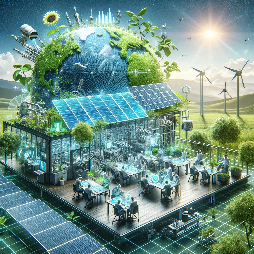Eco-friendly engineering workspace with green plants and solar panels."