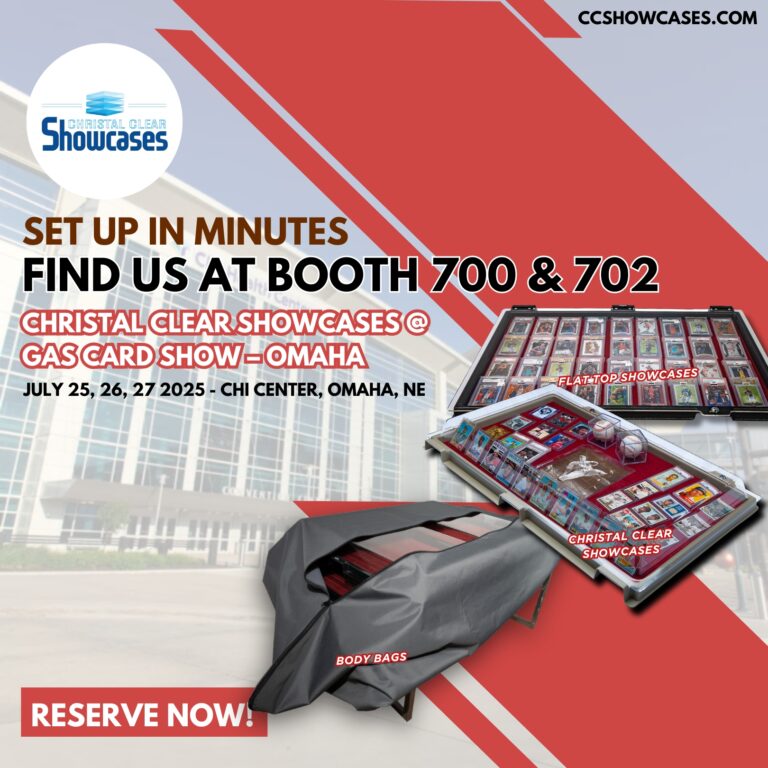 Exhibitor booth promotion encouraging reservations for sports collectors convention