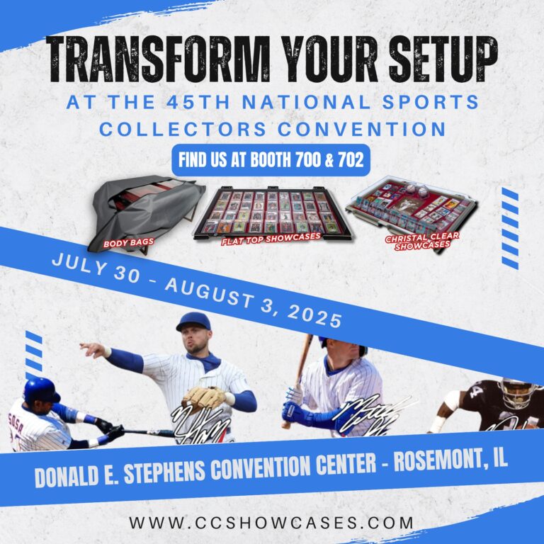 Convention marketing graphic promoting exhibitor setup at sports collectors event