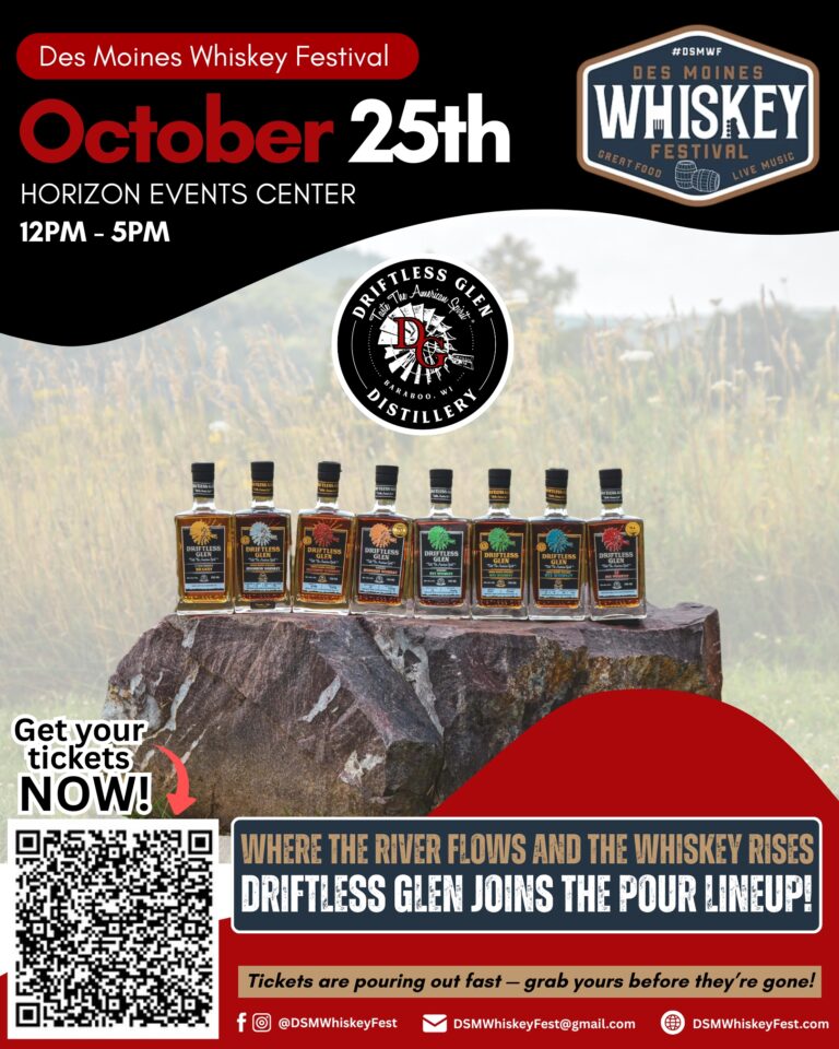 Des Moines Whiskey Festival promotional graphic featuring whiskey bottle lineup