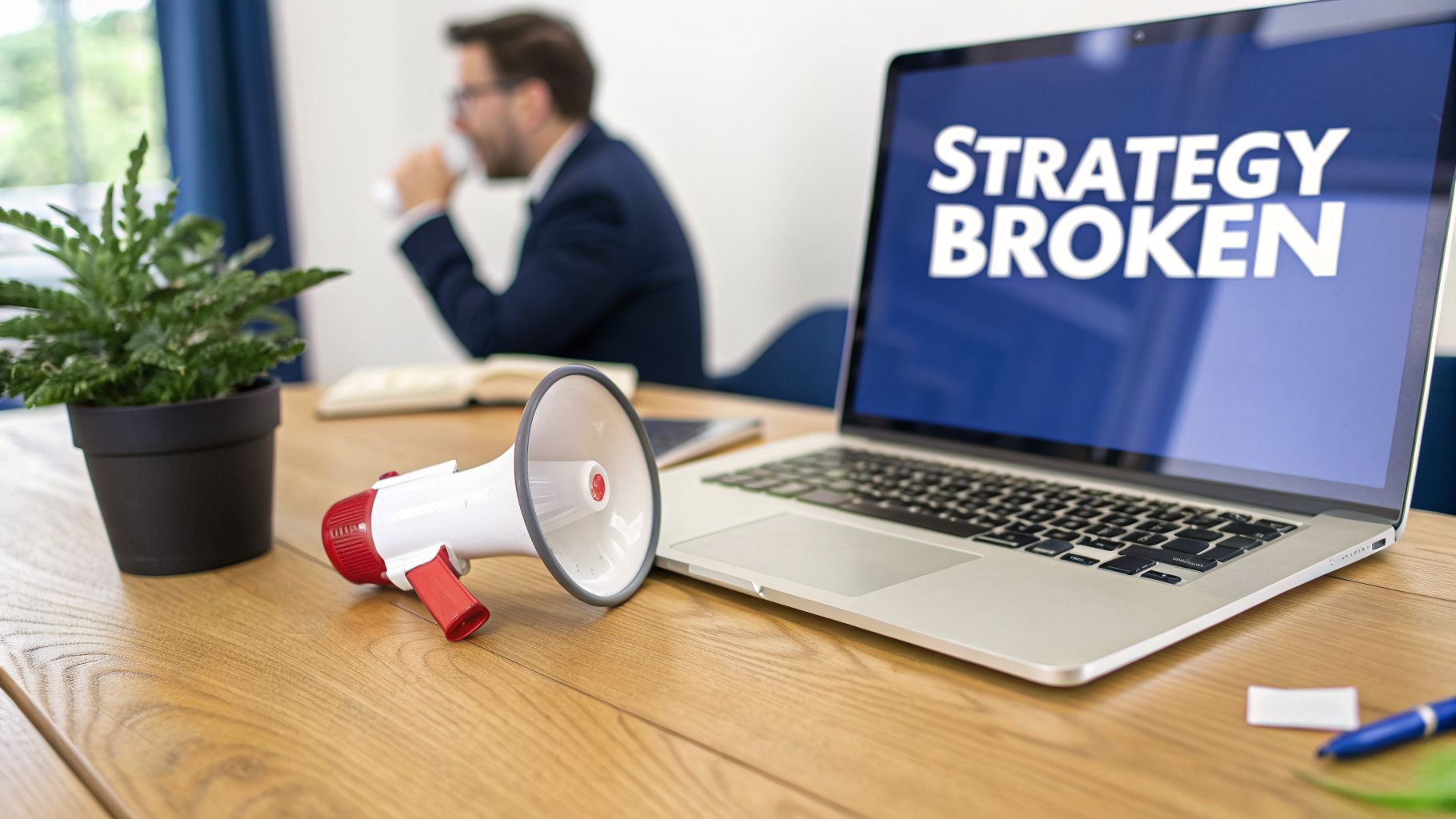 Laptop screen shows 'STRATEGY BROKEN' on a desk with a megaphone, plant, and blurred man.