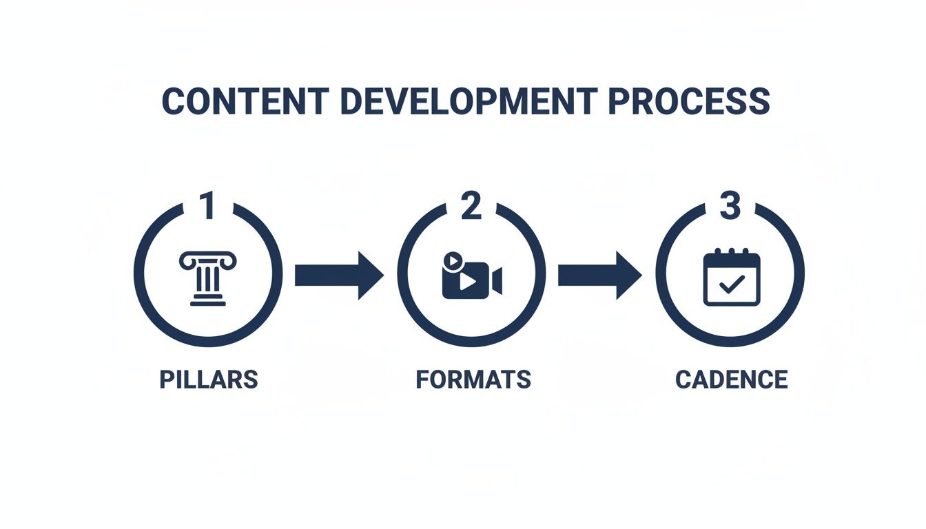 A content development process flowchart with three steps: Pillars, Formats, and Cadence, with icons.