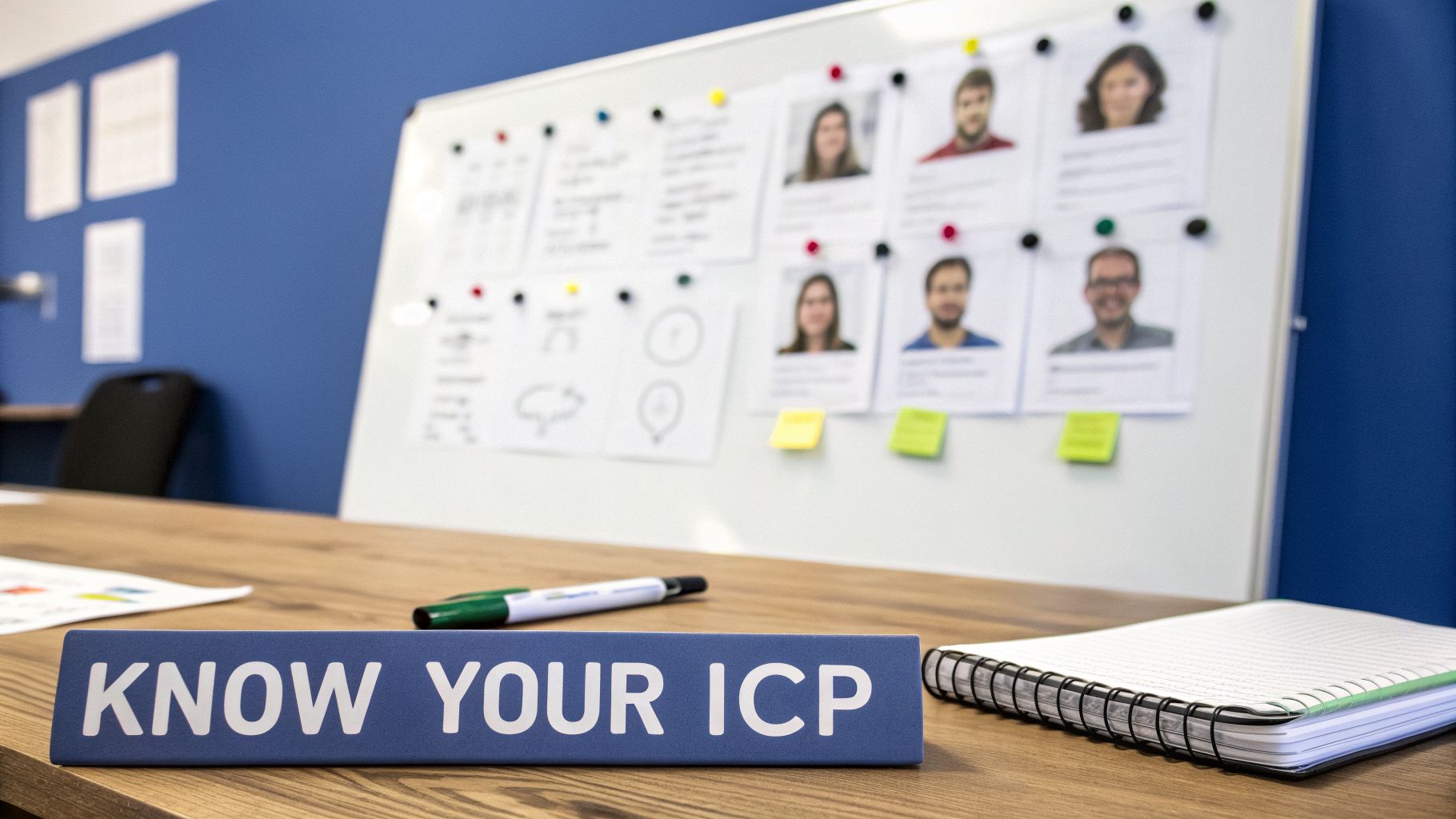 A desk with a "KNOW YOUR ICP" sign, marker, and notebook, with a whiteboard showing customer profiles in the background.