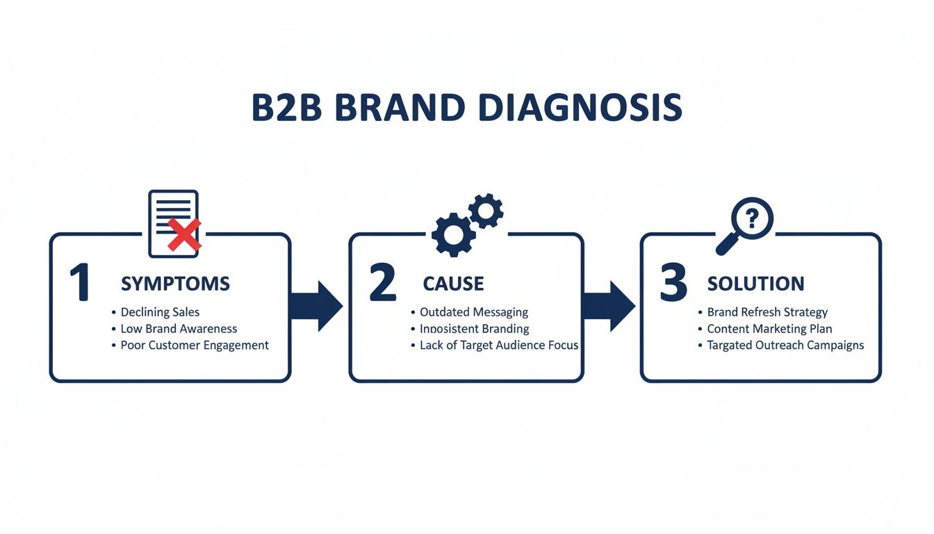 Flowchart illustrating B2B brand diagnosis, detailing symptoms, causes, and solutions for improved brand performance.