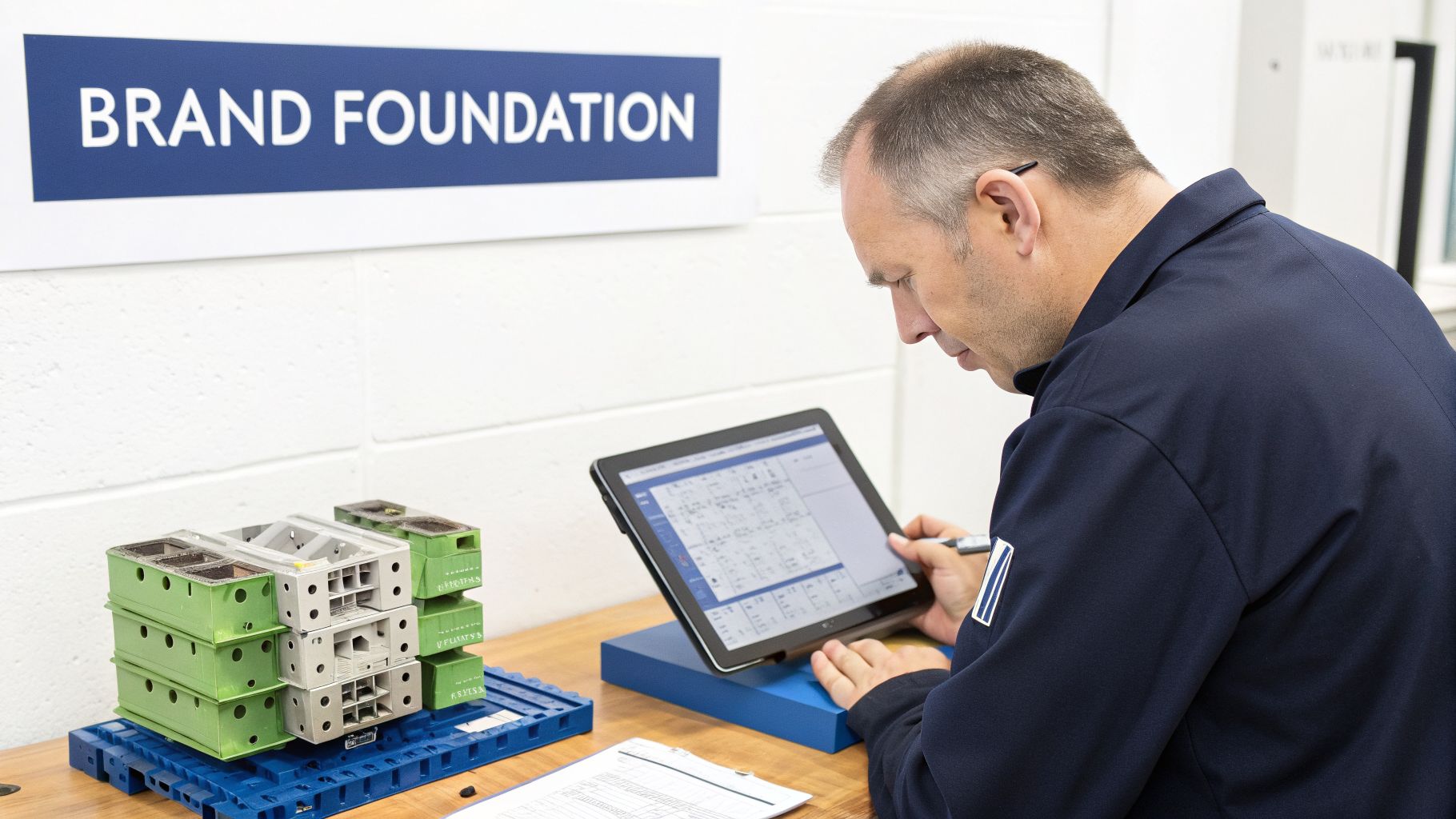 A man in a blue uniform uses a tablet to inspect industrial parts at a workstation.