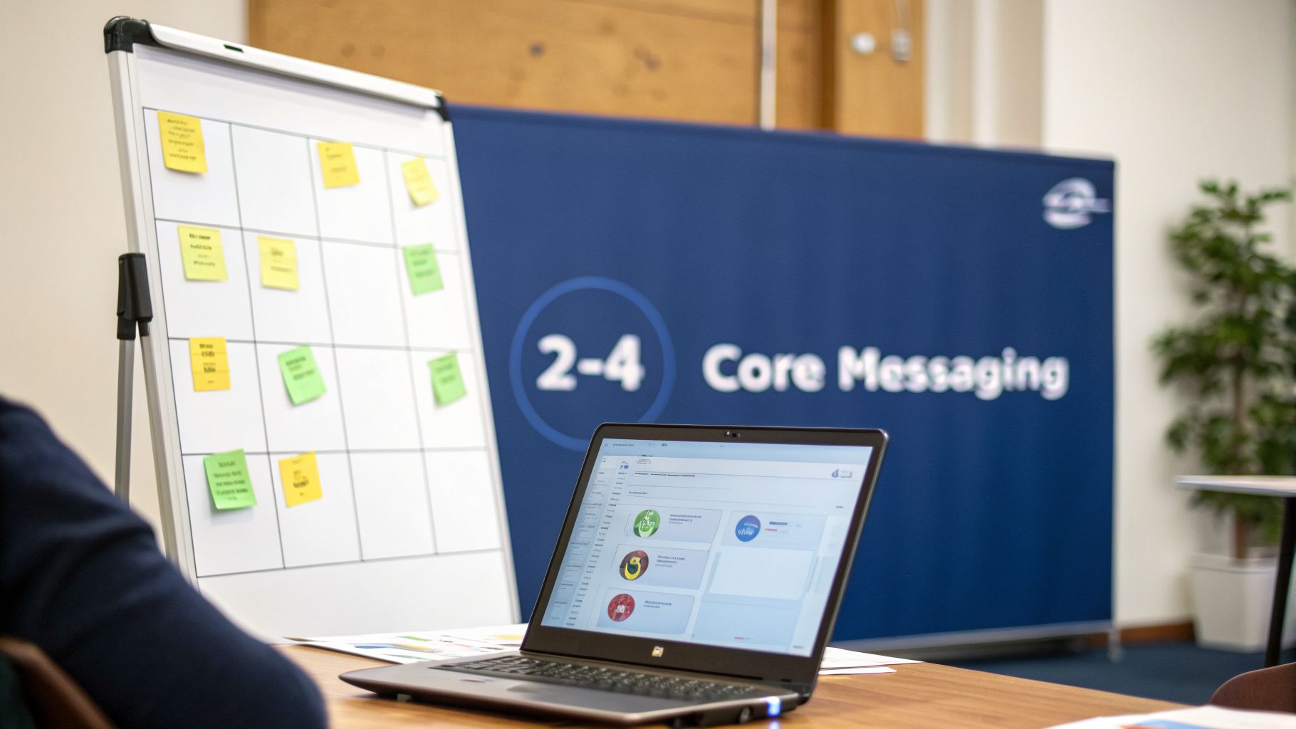 Laptop on a desk, a whiteboard with sticky notes, and a 'Core Messaging' banner in a meeting room.