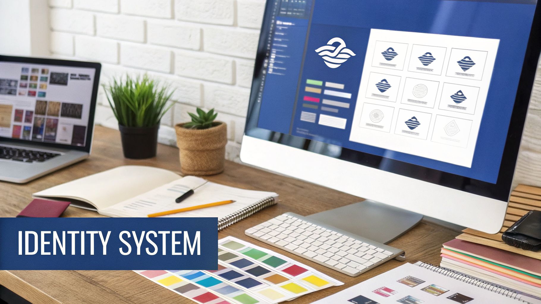 A modern workspace with a computer displaying a brand identity system and design elements.