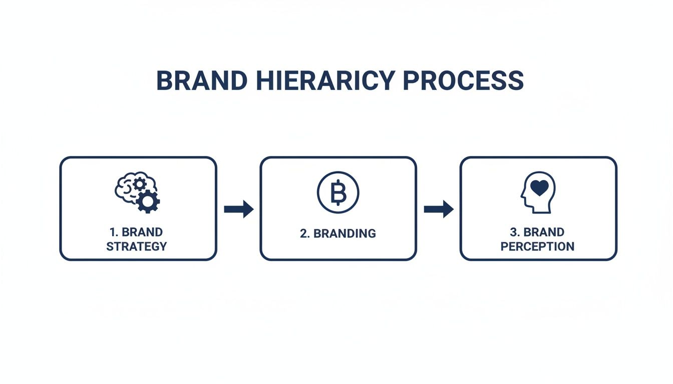 Diagram showing the brand hierarchy process with steps: brand strategy, branding, and brand perception.