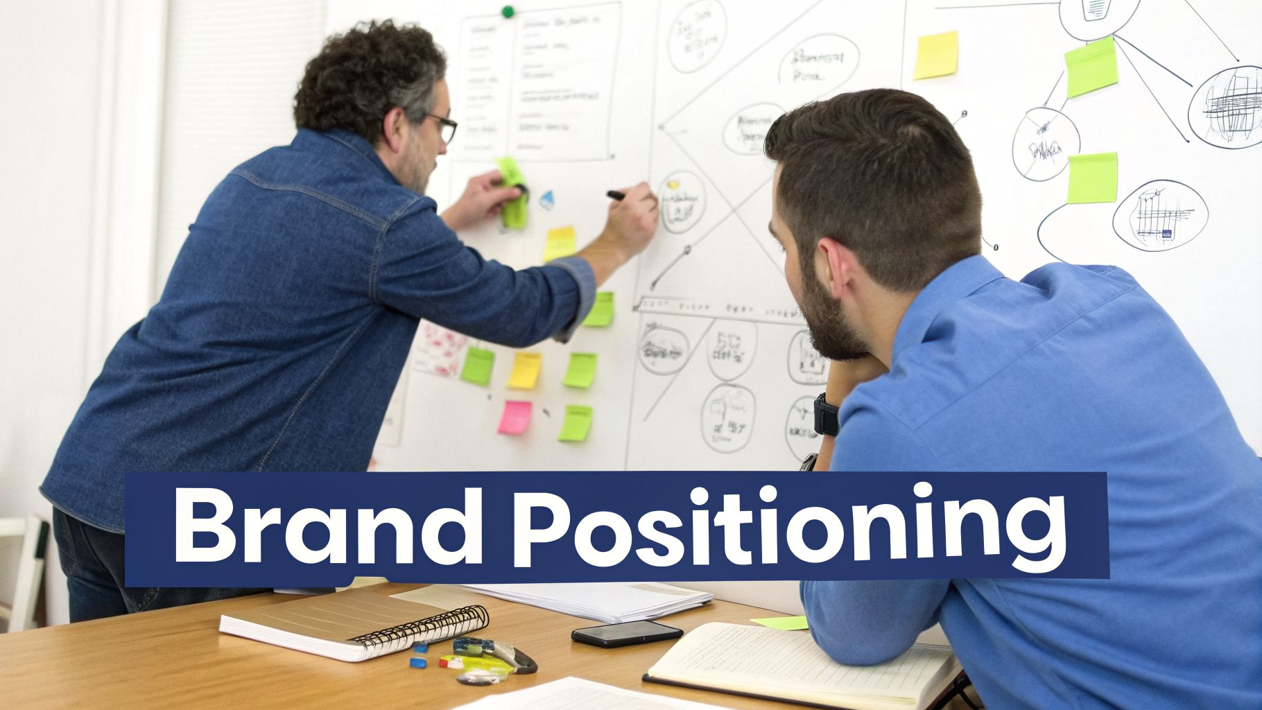 Two men brainstorming brand positioning ideas on a whiteboard with sticky notes and diagrams.