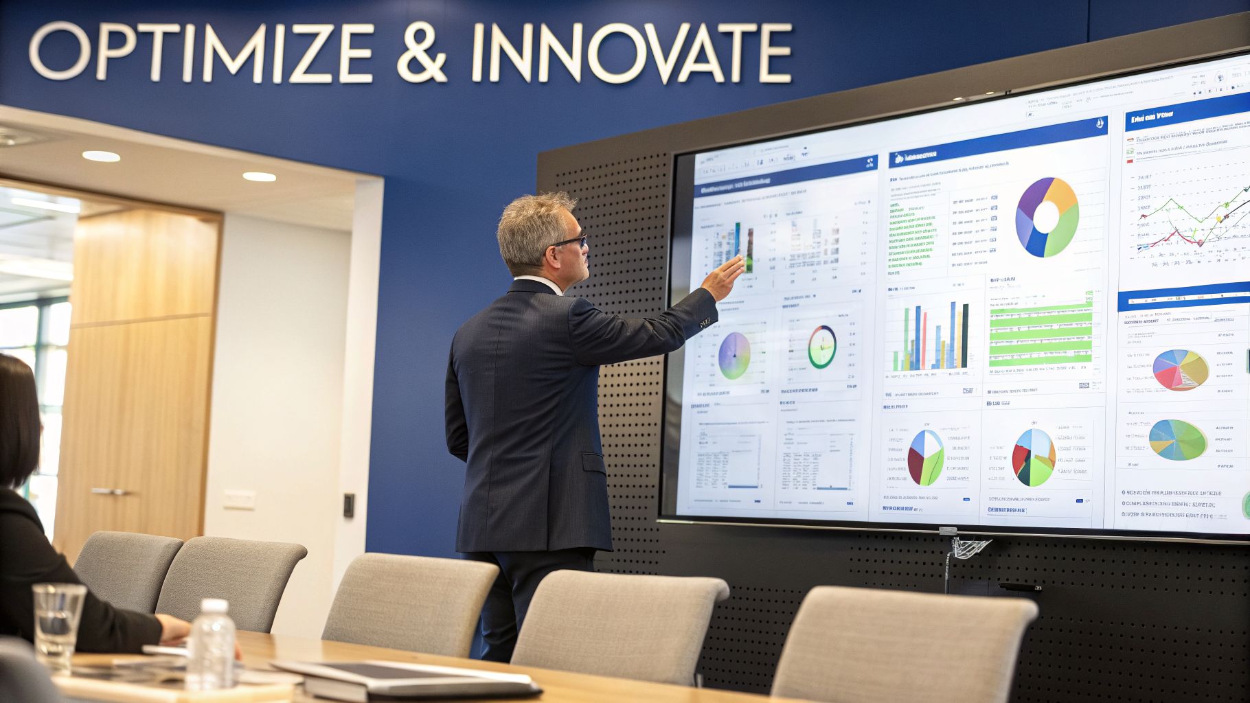 Businessman presenting data and charts on a large digital screen in a modern meeting room.