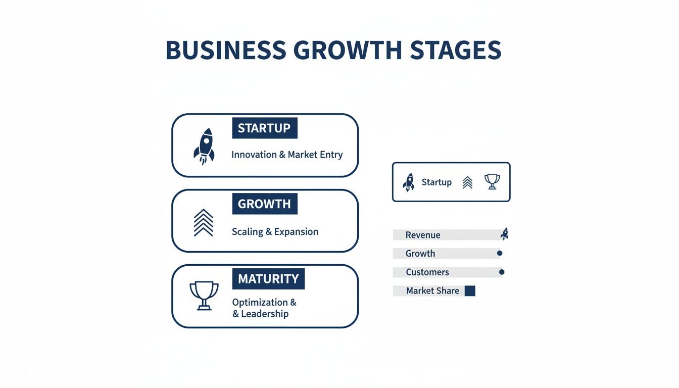 An infographic detailing three business growth stages: Startup, Growth, and Maturity, with key characteristics and icons.