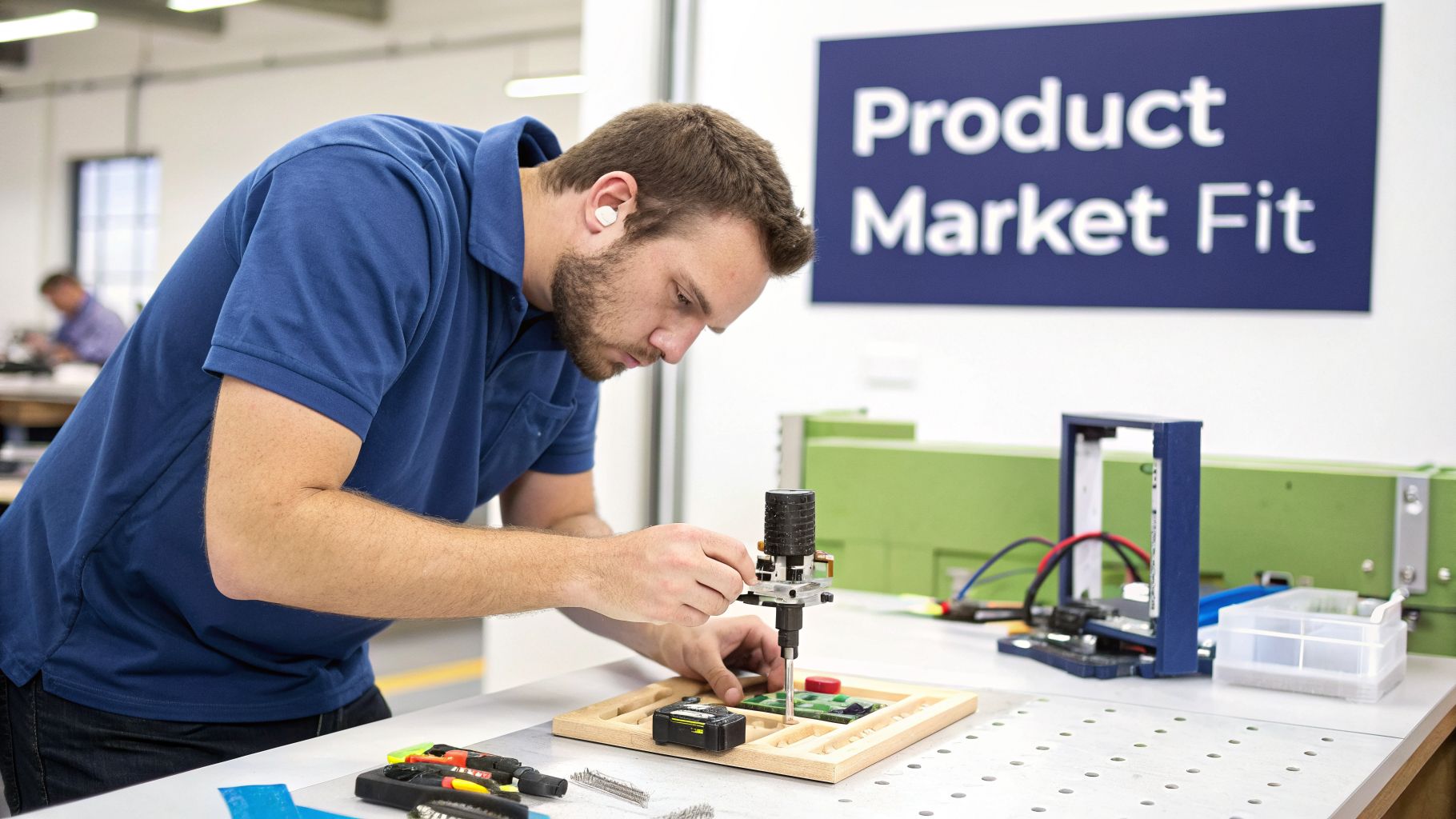A man in a blue polo shirt meticulously works on a circuit board with a tool.