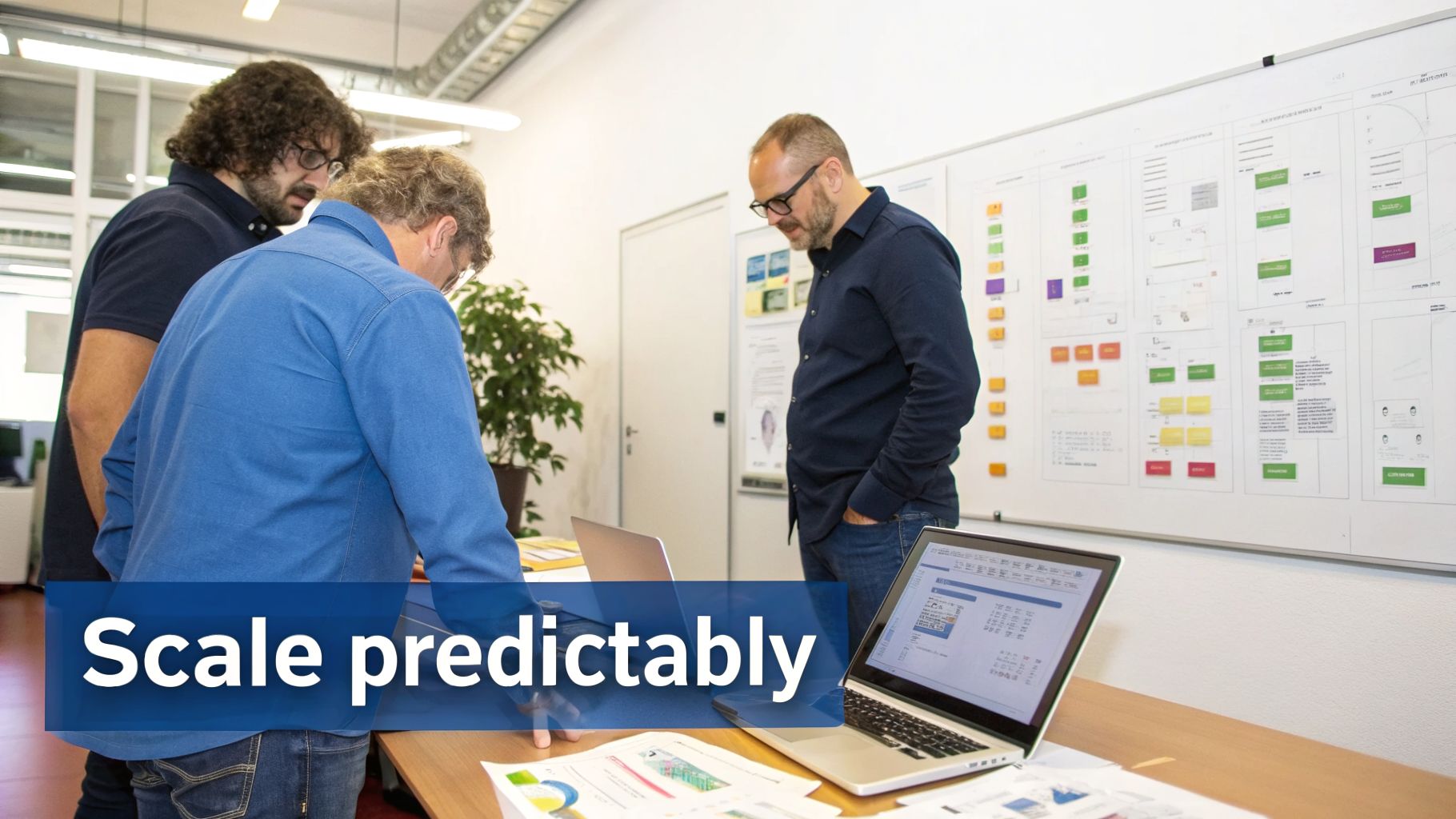 Three business professionals collaborating in an office, discussing strategy with laptops and a whiteboard.