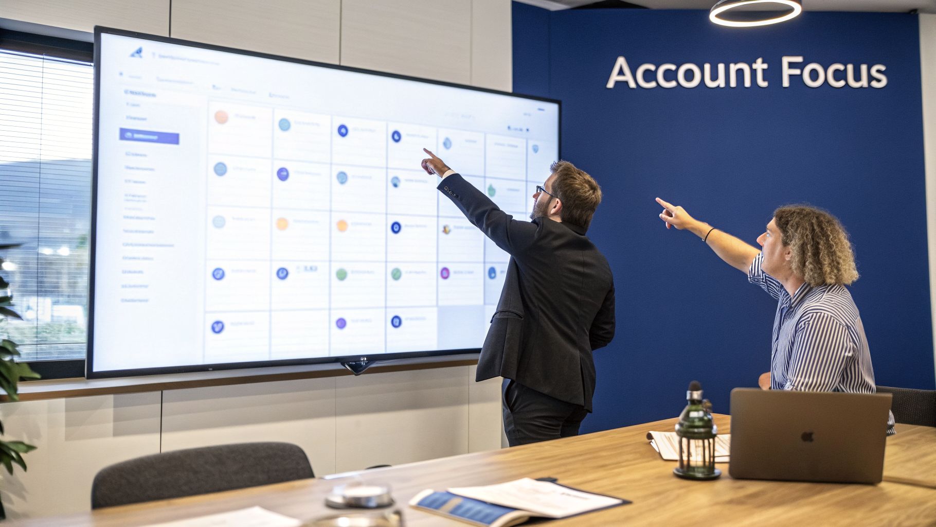Two professionals collaborate, pointing at a large digital dashboard during a business strategy meeting.