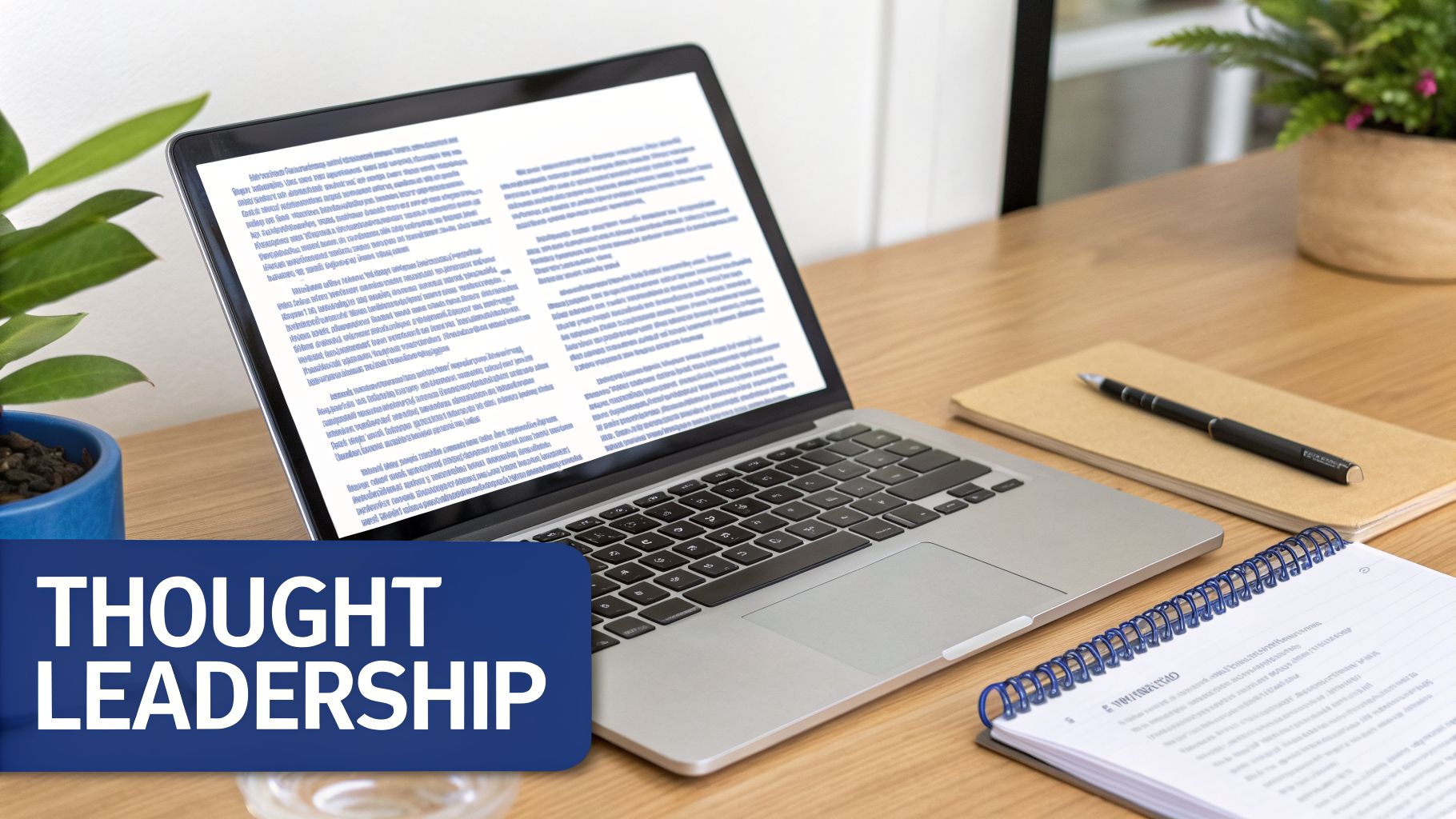 Workspace with a laptop displaying text, notebooks, and a pen on a wooden desk.