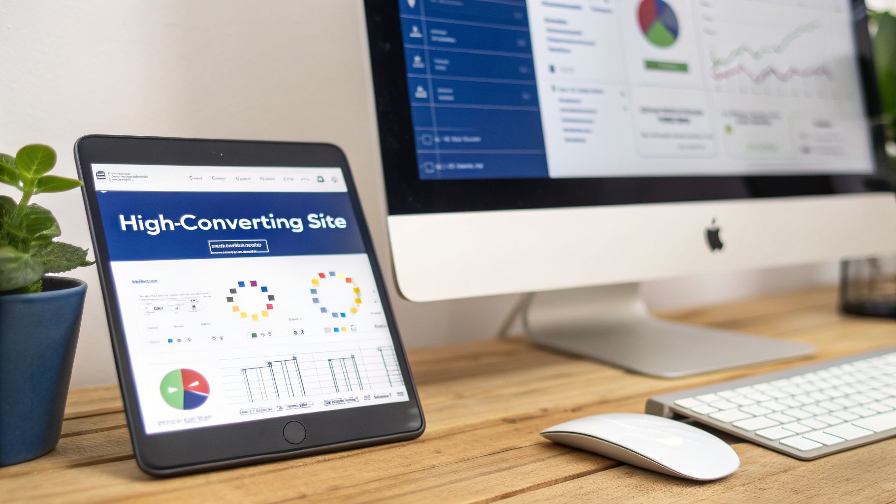 A digital marketing workspace with a tablet and iMac displaying website analytics, a keyboard, and mouse.
