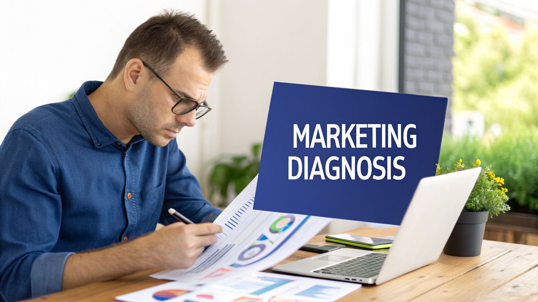 A man in glasses studies marketing diagnosis reports and charts on a wooden desk with a laptop.