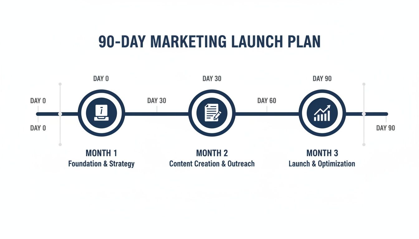 A 90-day marketing launch plan timeline illustrating three months: Foundation, Content, and Launch stages.