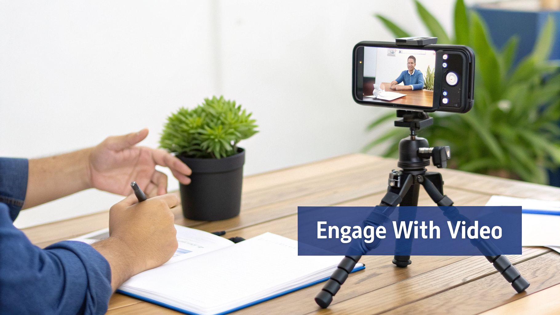 Person writing notes on a wooden desk, with a smartphone on a tripod recording a video call and text 'Engage With Video'.