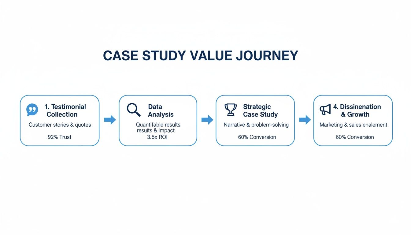 A flowchart detailing the four steps of a case study value journey, from testimonial collection to growth.