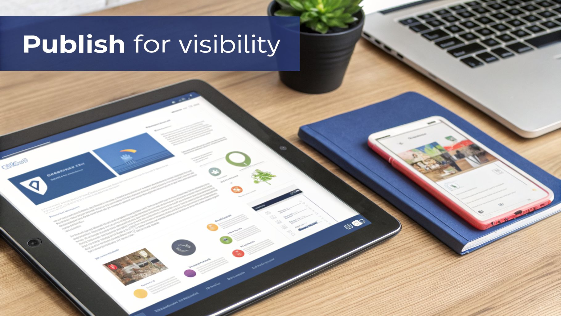Modern workspace with digital devices showcasing content and a banner 'Publish for visibility'.