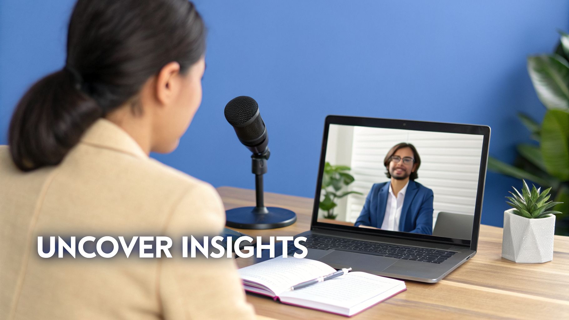 A woman conducting an online interview or podcast, with a microphone and a laptop displaying a man, with text 'UNCOVER INSIGHTS'.