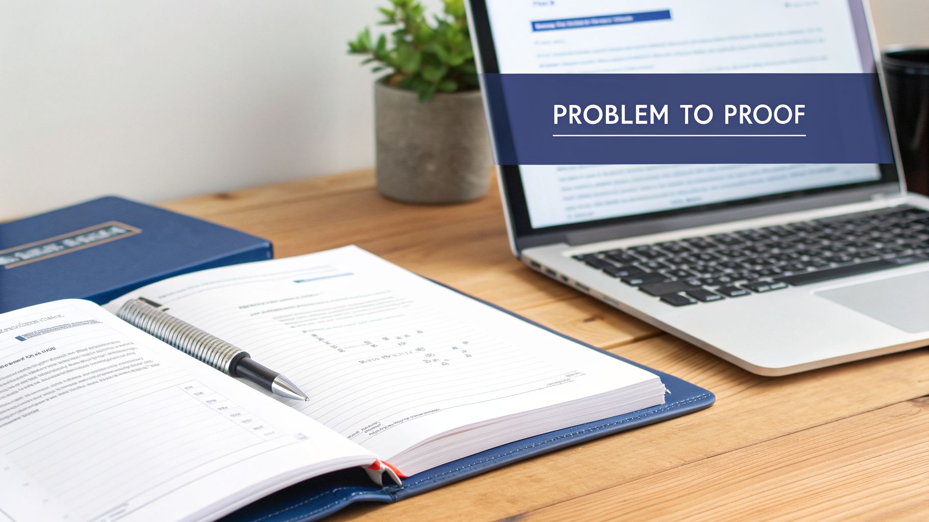 A professional workspace featuring a laptop displaying 'PROBLEM TO PROOF' next to an open notebook and a pen.