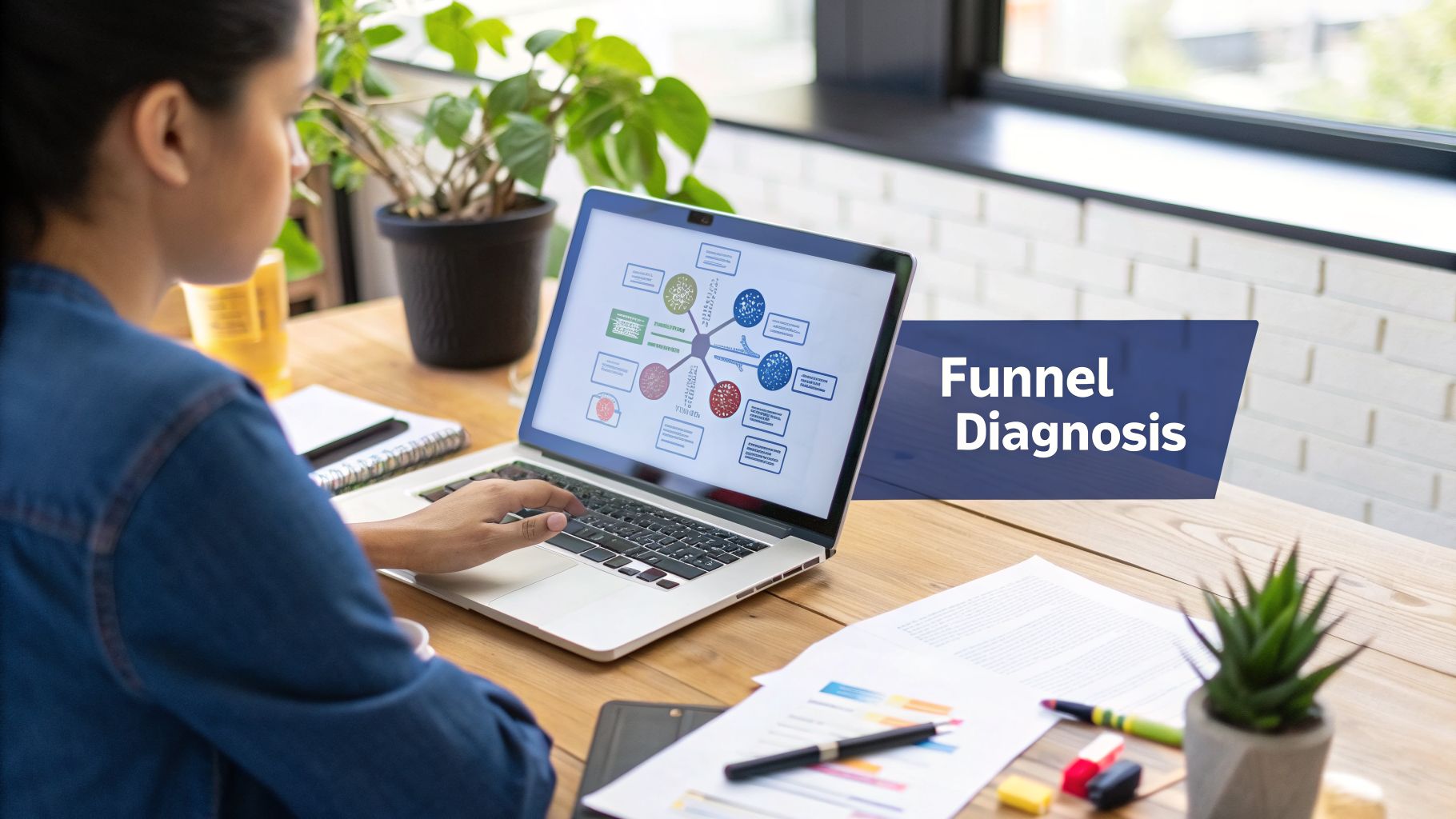 A person works on a laptop displaying a complex diagram with an overlay text 'Funnel Diagnosis'.