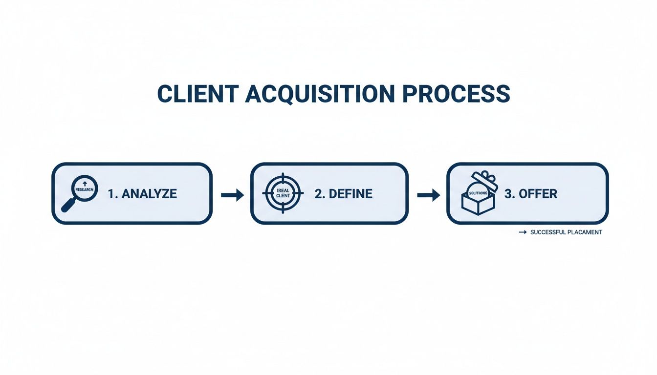 A three-step client acquisition process diagram with analyze, define, and offer stages.