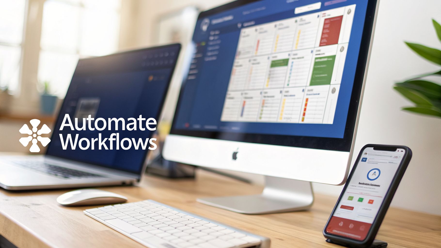 A modern desk setup with a laptop, desktop monitor, and smartphone displaying data dashboards and 'Automate Workflows' text.
