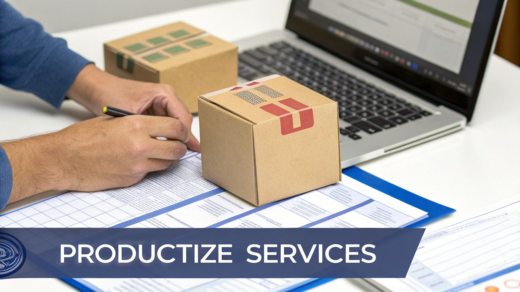 Hands writing on a document, surrounded by shipping boxes and a laptop, suggesting order fulfillment.