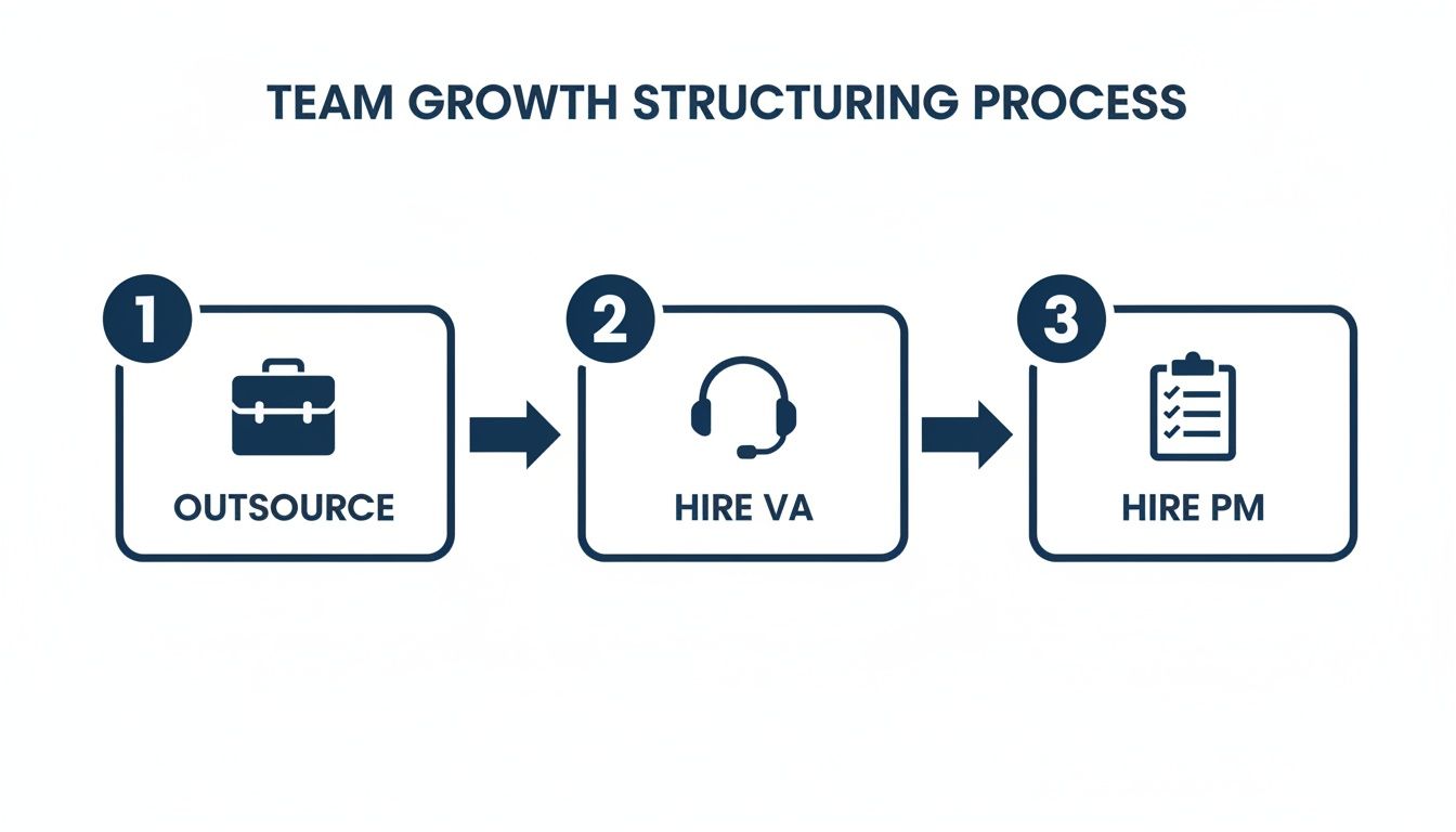Three-step team growth structuring process: outsource, hire virtual assistant, then hire project manager.