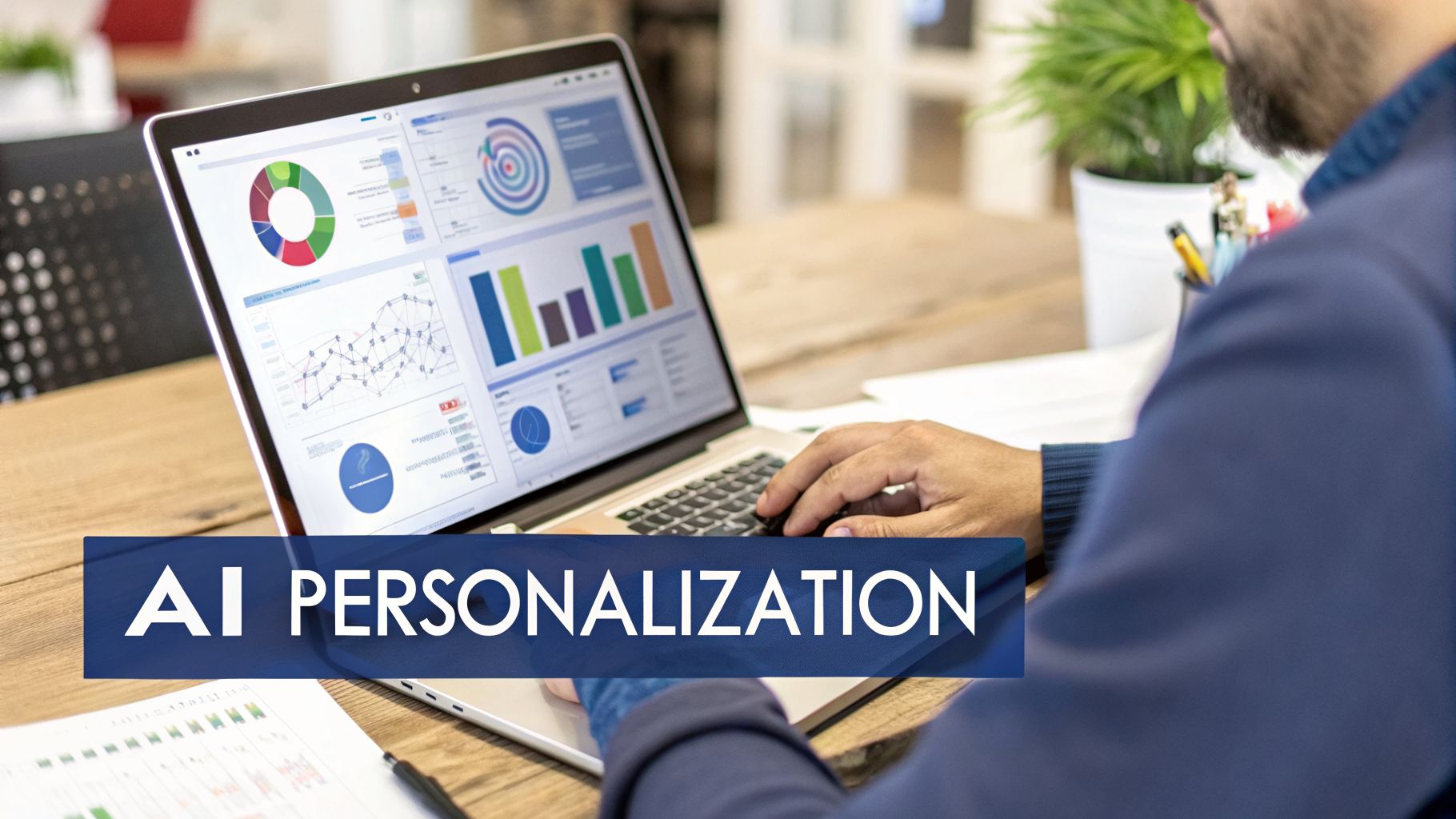 A person works on a laptop displaying business intelligence dashboards related to AI personalization.