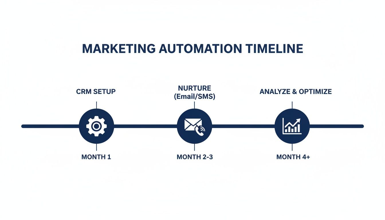 A marketing automation timeline showing CRM setup in month 1, nurture (email/SMS) in months 2-3, and analyze & optimize from month 4 onwards.