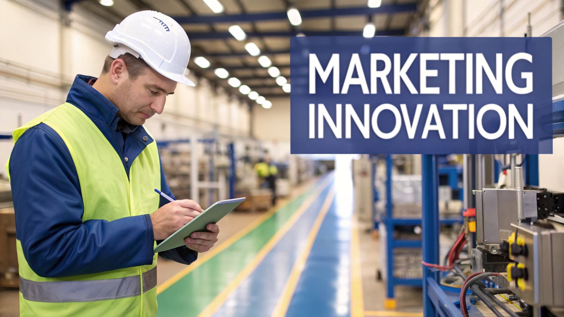 A worker in a hard hat and safety vest takes notes in a factory, with a 'MARKETING INNOVATION' sign.