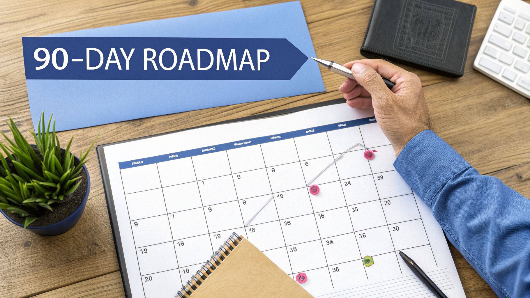 A person's hand holding a pen points at a calendar for a 90-day roadmap on a wooden desk.