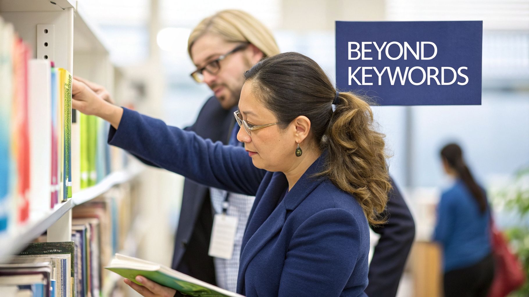 Two people browsing library shelves, with a woman holding a book, under a 'BEYOND KEYWORDS' sign.