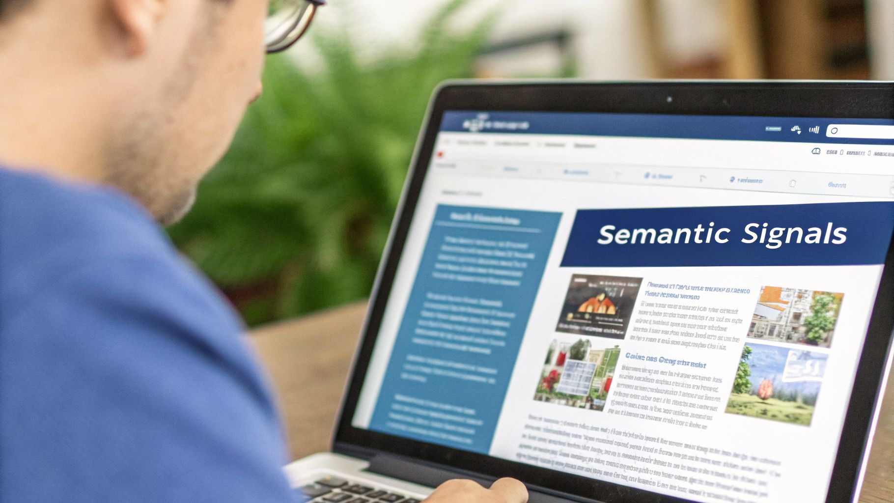 A person in a blue shirt is viewing a laptop screen displaying a webpage titled 'Semantic Signals' with articles and images.