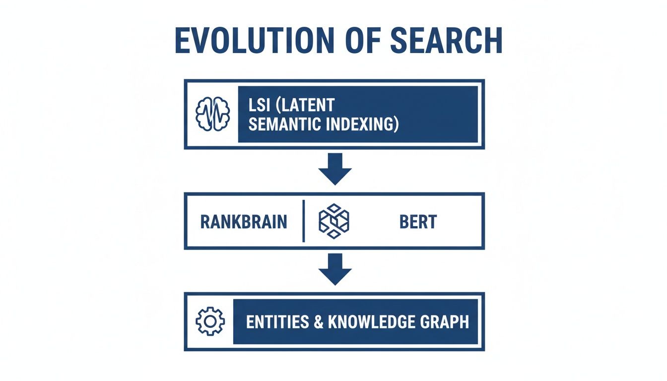 Flowchart illustrating the evolution of search from LSI, RankBrain, BERT to Entities and Knowledge Graph.
