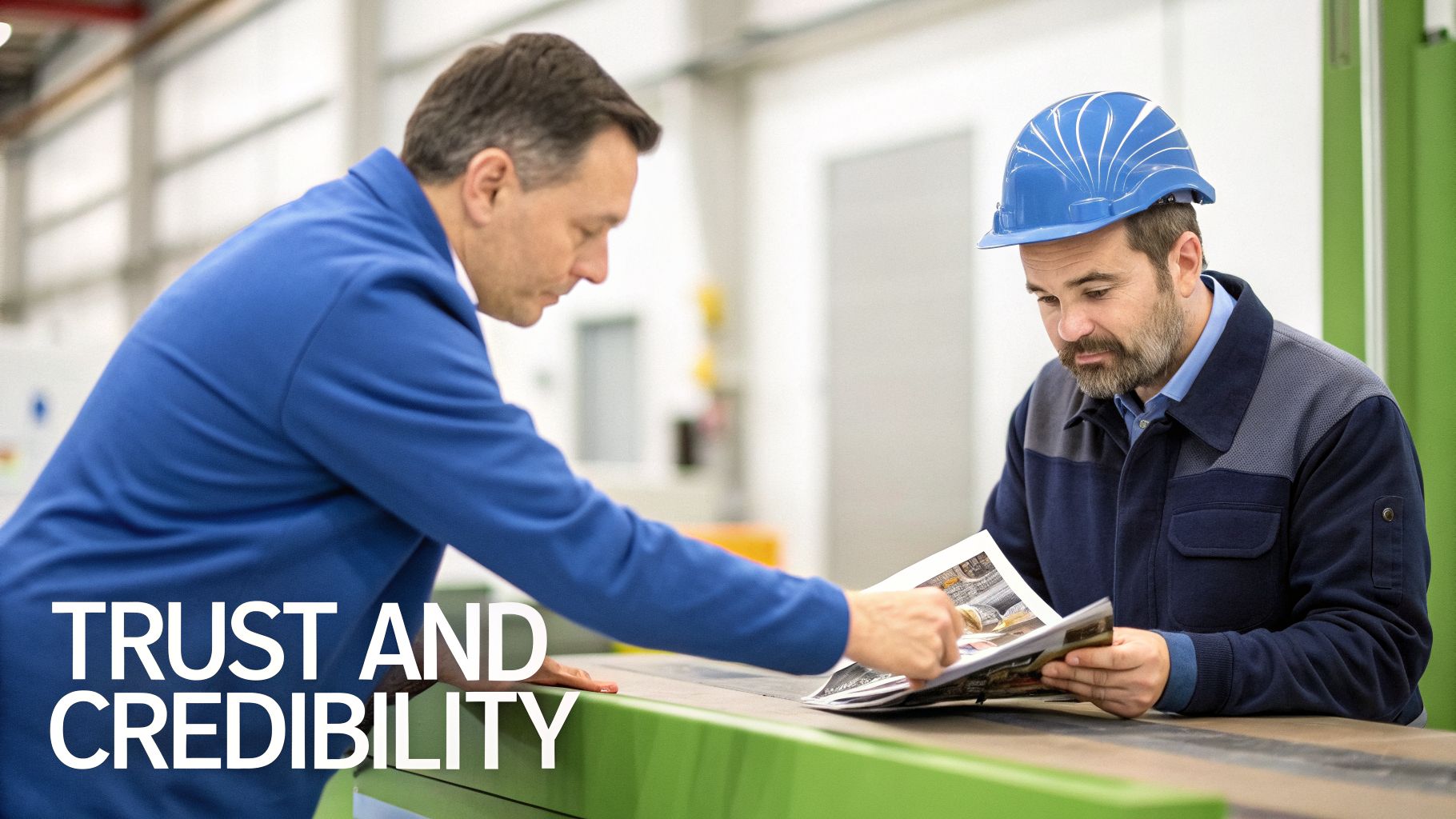 Two men, one a manager and one a worker, collaboratively review a brochure in an industrial setting.
