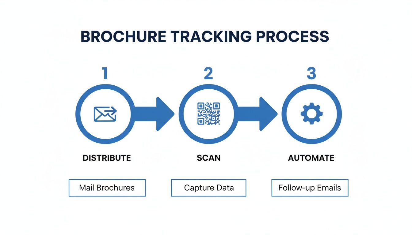 Infographic illustrates the brochure tracking process, from distribution and scanning to automated follow-up emails.