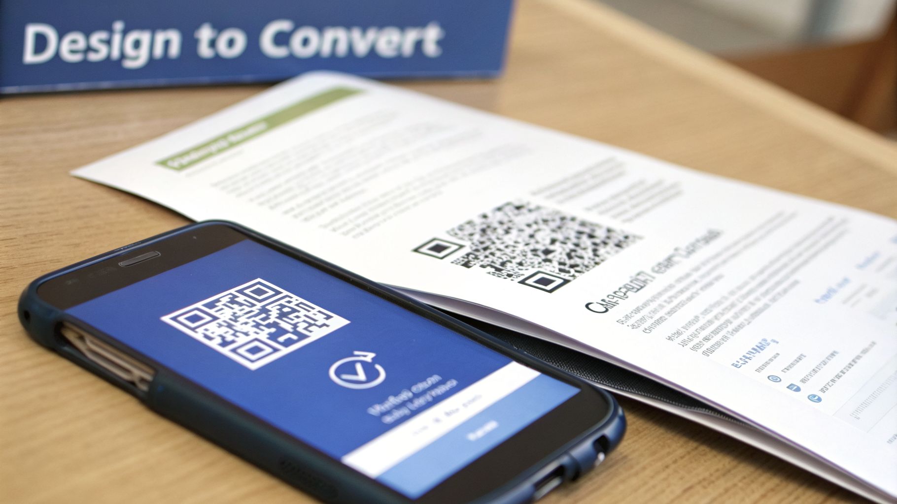 A smartphone displaying a QR code and a brochure with another QR code on a wooden table, emphasizing conversion.