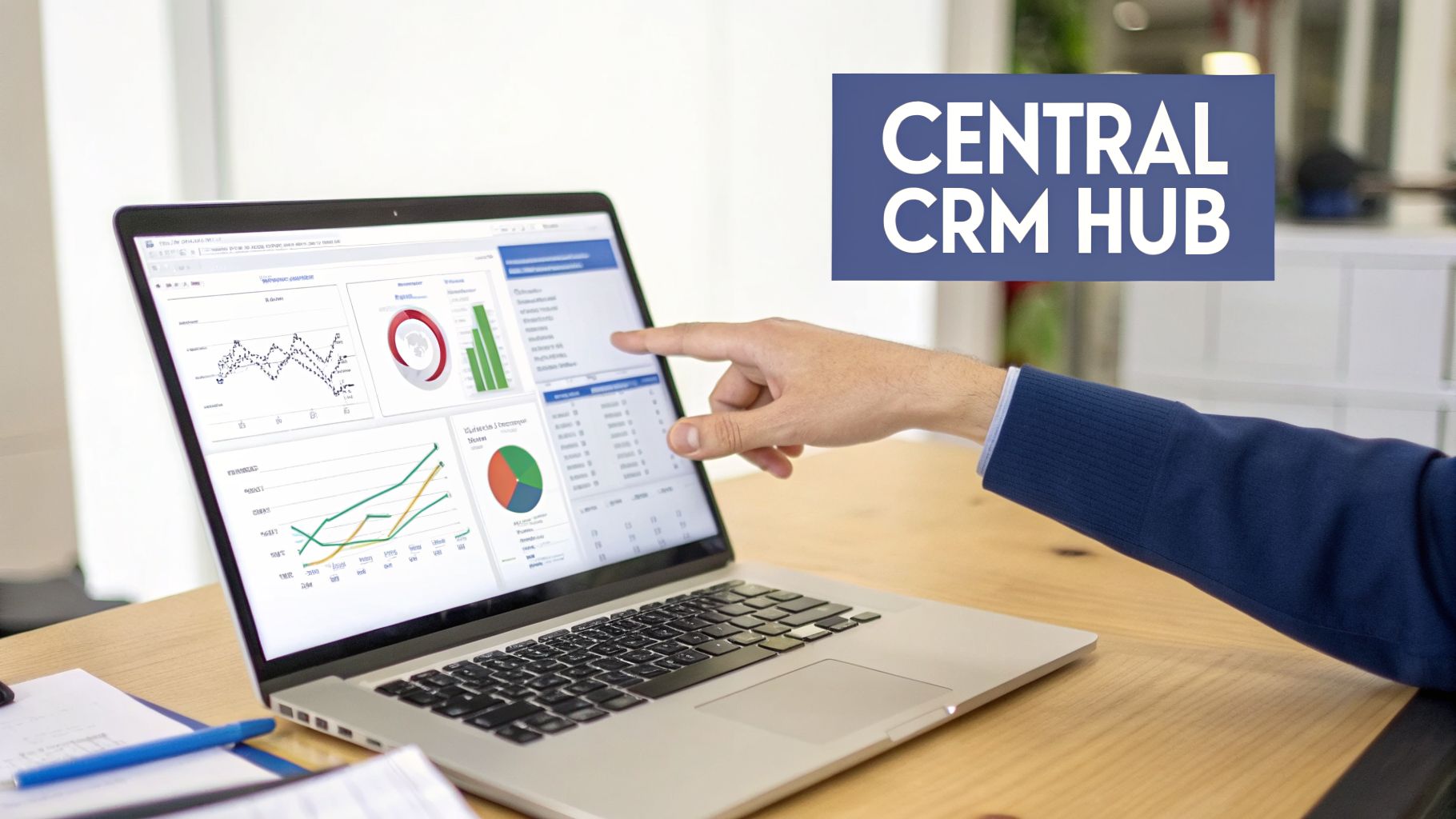 A hand pointing to a laptop screen displaying a central CRM hub dashboard with charts and data.