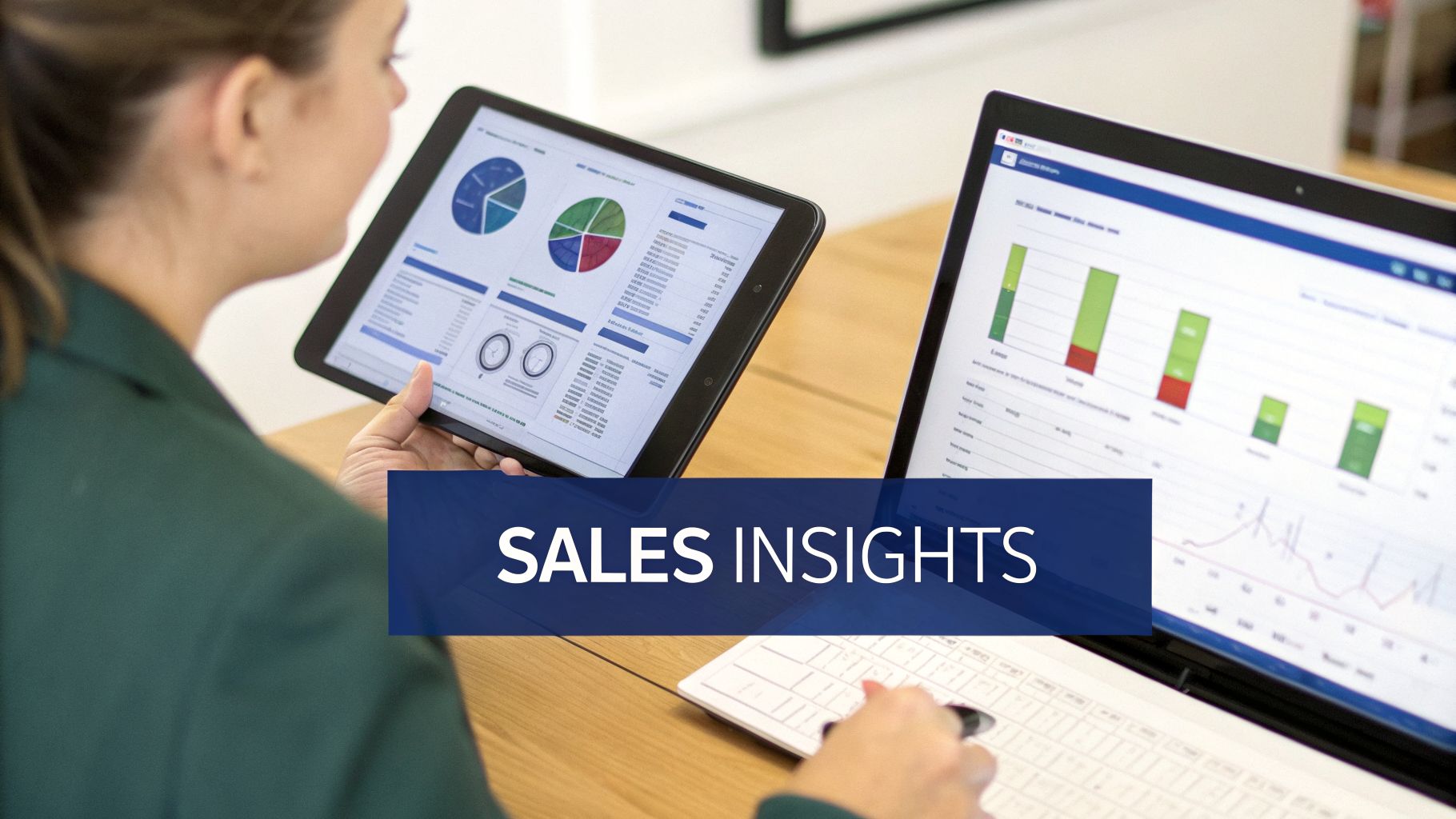 A person analyzes sales insights on a tablet and laptop, displaying charts and business data.